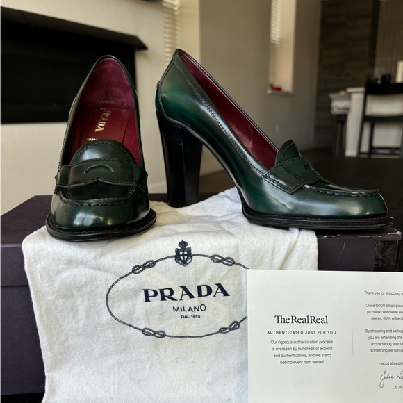 Ladies Vintage Prada Calzature Donna Spazzoltao Fume Heel Loafers in Abete - Picture 1 of 5